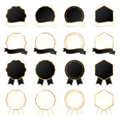 ジェットブラックとアイボリーホワイトの2色展開、アンティークゴールドのフィリグリー装飾と波打つリボンを組み合わせた16種類のラグジュアリーなバッジフレームセット、高級感ある見出し用ベクター素材