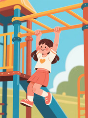 Obraz premium Smiling child hanging from yellow monkey bars on a colorful playground. A joyful moment of outdoor play and strength.