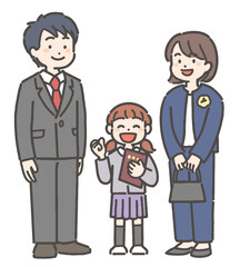 卒園の証書を持って笑顔の、女の子の園児と家族