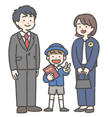 卒園の証書を持って笑顔の、制服を着た男の子
の園児と家族