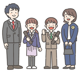 卒業証書を持って笑顔の、男の子と女の子の小学生と家族