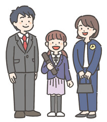 卒業証書を持って笑顔の、女の子の小学生と家族