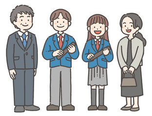 卒業証書を持って笑顔の、男の子と女の子の中学生・高校生と家族