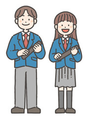 卒業証書を持って笑顔の、男の子と女の子の中学生・高校生