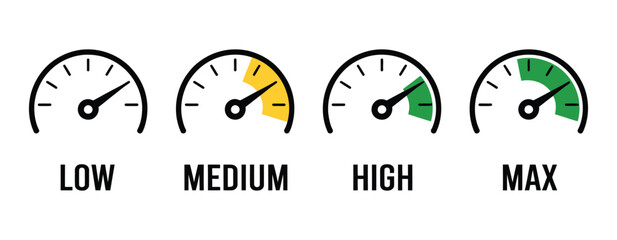 Analog Speed Level Indicators Set, featuring low, medium, high, and max dashboard gauge icons with colorful infographic dials for energy, power, and performance measurement designs