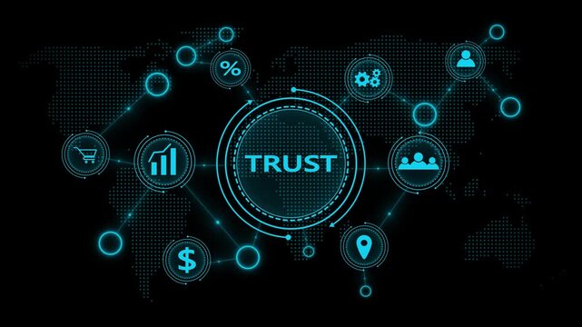 Trust network with world map and cyan icons on black background reliability digital