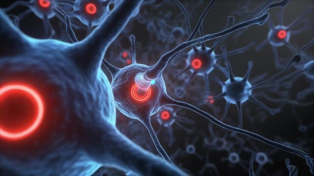 realistic 3D medical visualization showing neurotransmitter receptor binding on neuron surfaces while the camera performs a smooth dolly shot along complex DNA strands
