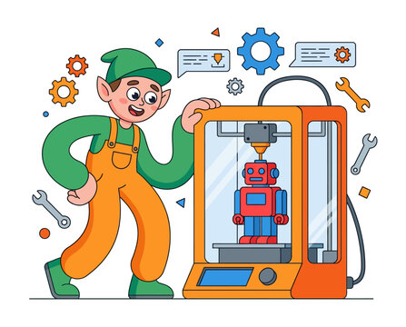 A cartoon elf operates a 3D printer producing a robotic figure surrounded by mechanical parts and thought bubbles - Powered by Adobe