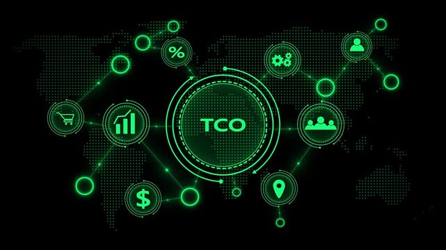 Futuristic Global Network with TCO Acronym and Business Icons in Neon Green total cost of ownership