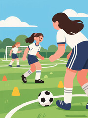 Three children playing soccer on a grassy field with training cones and goalpost. A joyful moment of teamwork and outdoor activity.