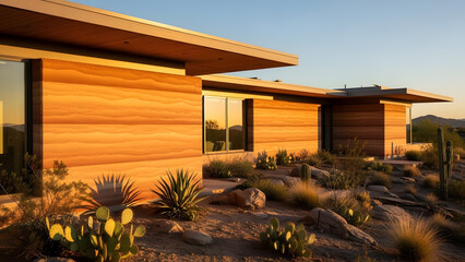 Modern Home Exterior in Desert Landscape at Sunset
