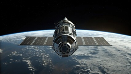A spacecraft orbits Earth, showcasing solar panels and a detailed structure against a backdrop of space and the planet below.