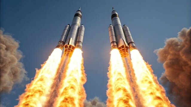 Two rockets launch into the sky, emitting powerful flames and smoke, showcasing the excitement and energy of space exploration.