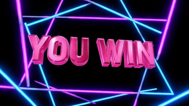 A dynamic, 3D rendered graphic featuring the text "YOU WIN" in metallic pink lettering, dramatically set within a framework of glowing pink and blue neon light lines and shapes against a pure black ba