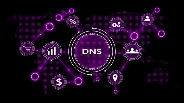 Digital Network System DNS concept with global map and icons in purple neon domain name system internet
