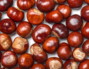 Obraz premium Glossy chestnuts fill the frame. A warm, brown and tan color palette with highlights on smooth surfaces