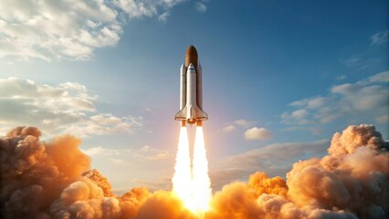 Fototapeta premium A rocket launching into the sky, surrounded by clouds and smoke, symbolizes exploration and technological advancement.