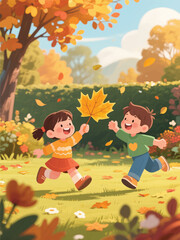 Fototapeta premium Two children playing joyfully among falling autumn leaves in a sunny park. A cheerful moment of seasonal fun and friendship.