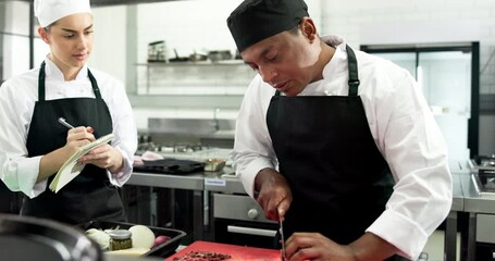 Cooking, mentor or people in restaurant with training, culinary knowledge or expert in meal preparation. Hospitality, guidance or chef with lesson, cuisine instruction or dish production in kitchen