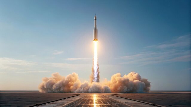 A rocket launches into the sky, leaving behind a plume of smoke and fire, symbolizing technological advancement and exploration.