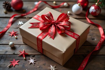 A neatly wrapped gift box with a large red bow sits on a wooden table surrounded by Christmas decorations.