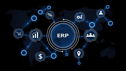 Enterprise Resource Planning ERP concept with global map and icons in blue neon business technology - Powered by Adobe