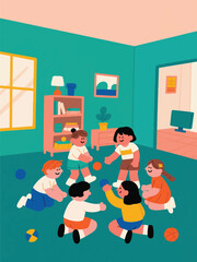 Six children playing with small balls in a colorful indoor room. A joyful moment of social play and interaction.
