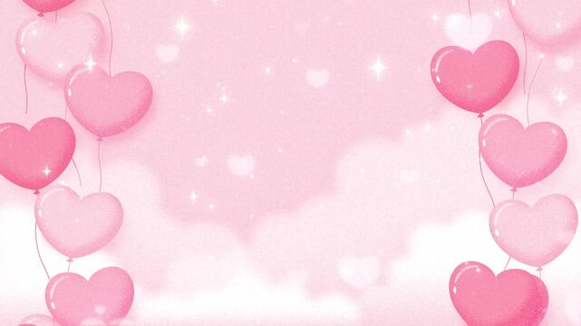 pink background with heart balloons, clouds and stars in the sky animation for Valentine's Day, Wedding, etc.