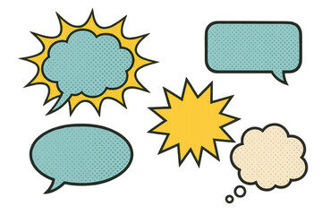 Comic book style speech, chat, and thought bubbles with explosion shape, halftone texture, pop art communication elements