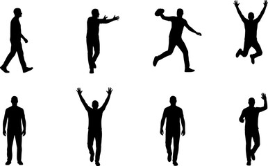 Black Man Silhouettes Set, People Action Poses Collection, Jumping Walking and Running Human Figures, Isolated Male Body Shapes for Sports Graphic Design, Vector Illustration.