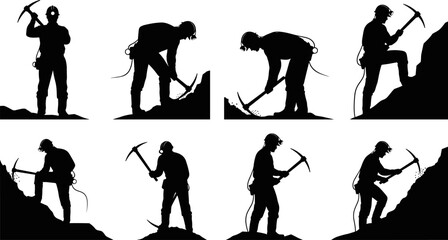 Black Miner Worker Vector Silhouettes Collection, Male Industrial Laborer with Pickaxe Graphic Set for Mining, Extraction, Construction, Resource, and Hard Work Design.