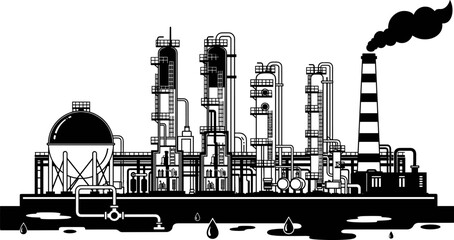 Black Oil Refinery and Chemical Plant Vector Silhouette, Industrial Processing Factory Graphic with Storage Tanks, Towers, and Smokestack for Energy and Petrochemical Design.