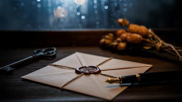 Sealed envelope rests on a dark wooden windowsill beside an antique key and fountain pen. Soft rain bokeh outside and dried flowers add nostalgic mood and intimate storytelling atmosphere