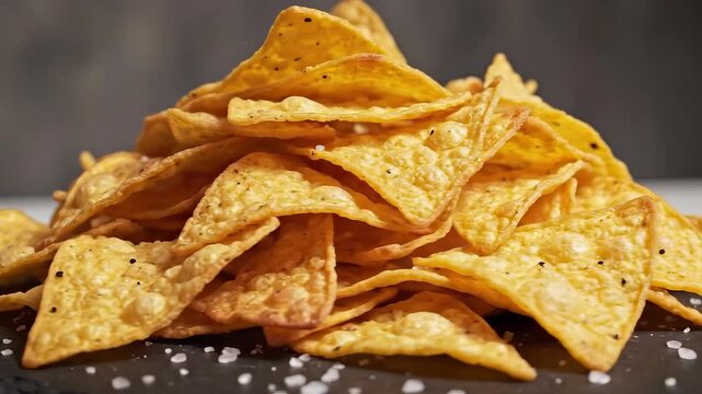 Pile of Crispy Golden Tortilla Chips Close Up Macro Shot.