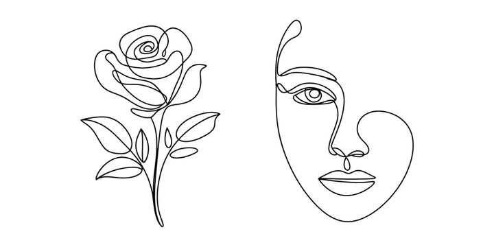 Minimalist one line art rose flower and woman face drawing