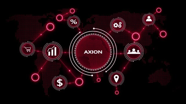 Red digital world map with interconnected icons and the word AXION in the center global network