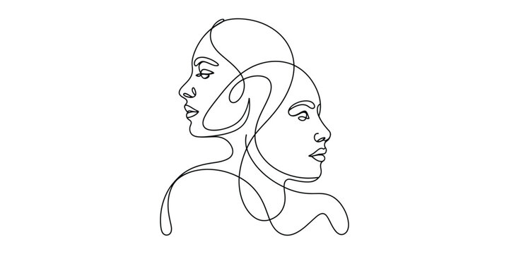 Minimalist continuous line art drawing of two facing female profiles