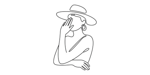 Minimalist one line drawing of woman in sun hat covering face