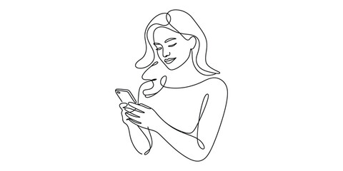 Woman looking at smartphone in continuous line drawing style