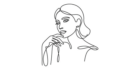 Obraz premium Minimalist continuous line art drawing of a thoughtful womans face and hand