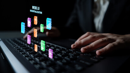 The Web 3.0 decentralization technology ecosystem. A flowchart of interconnected concepts like AI, blockchain, security, and decentralized finance. Motif