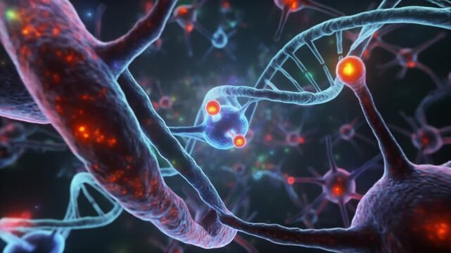 scientific 3D animation depicting neurotransmitter binding on neurons while a dynamic dolly shot explores the biological complexity of DNA in high detail
