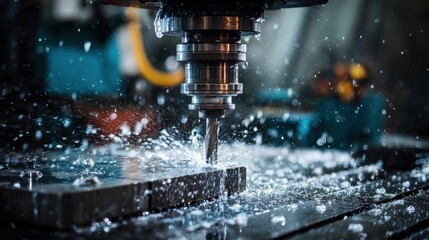 Close-up of a CNC drilling machine operating on metal with splashing coolant, showing precision engineering and manufacturing process