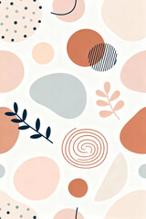 An abstract illustration featuring various shapes and botanical elements on a white background from a direct viewpoint