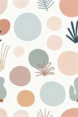 Abstract organic shapes and minimalist botanical elements create a calming seamless pattern in soothing pastel and earthy tones, perfect for modern design backgrounds