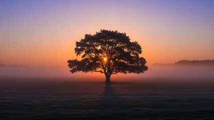 Lonely tree standing in a field during sunrise