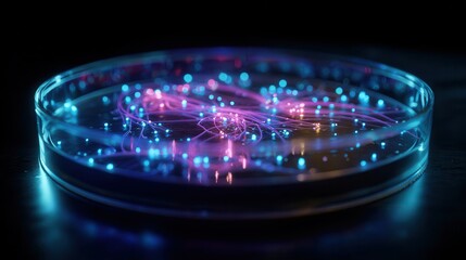 Futuristic neural network or data connection in a petri dish on a dark background