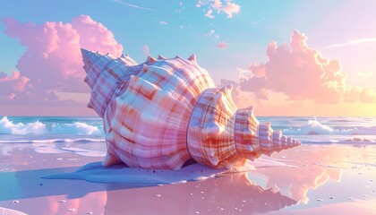 Giant conch shell resting on a wet sandy beach with pastel sky and calm ocean waves at sunrise or sunset.