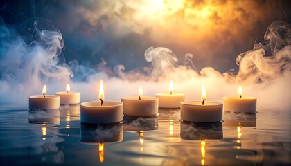 Lit Tealight Candles Floating on Water Reflecting Warm Flames Amidst Smoky Haze