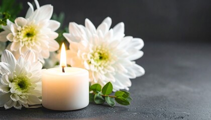 Burning white candle with chrysanthemums on dark background for memorial or sympathy